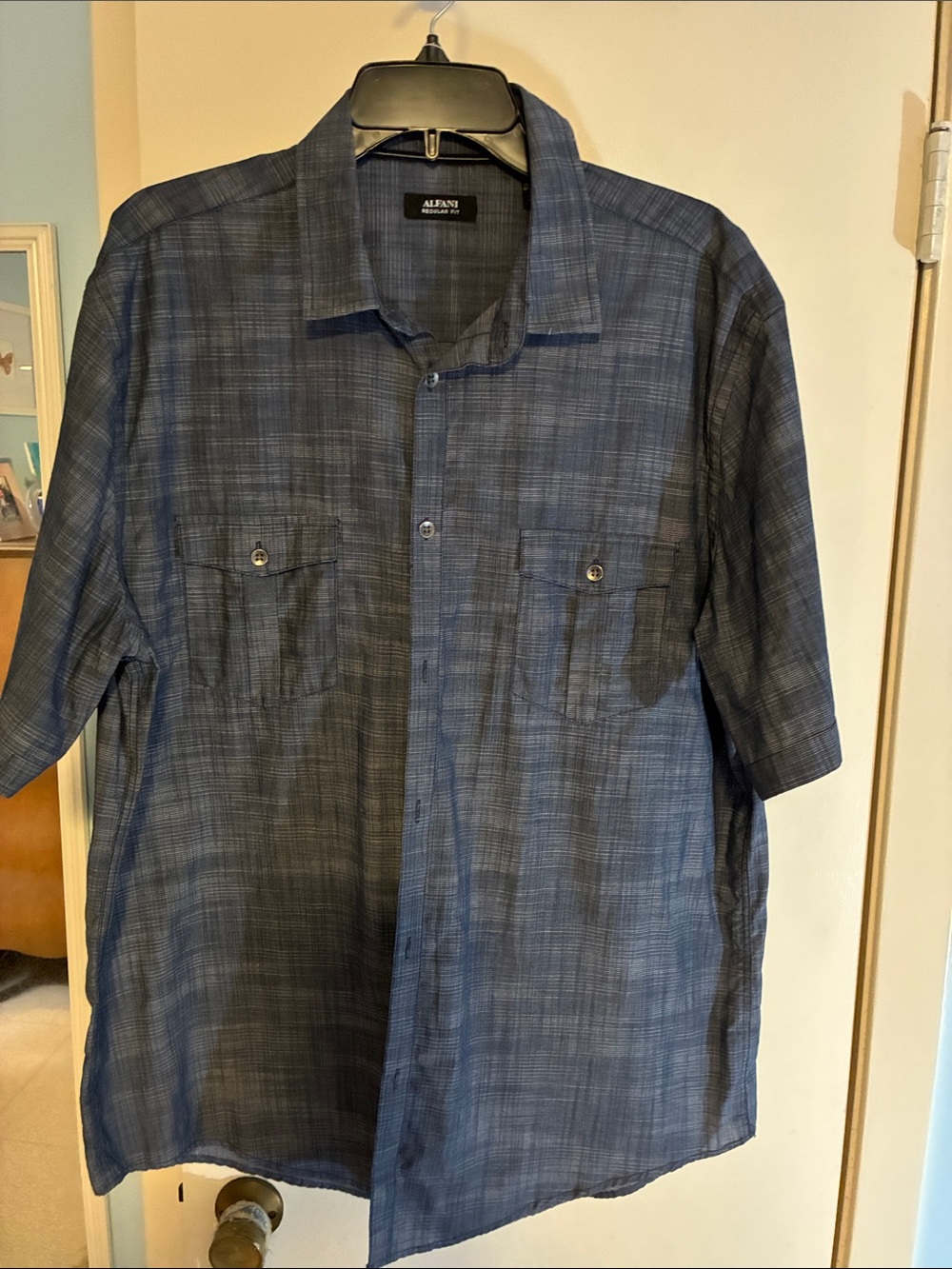 Alfani Men's Blue and Charcoal Plaid Short-Sleeve Shirt